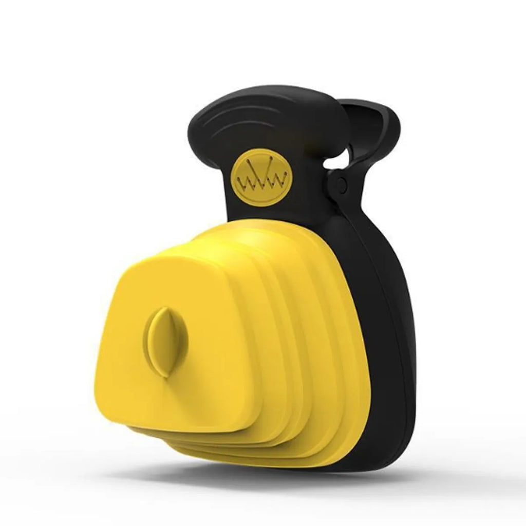 Blue portable dog pooper scooper with clip, expandable waste container, and bag dispenser.