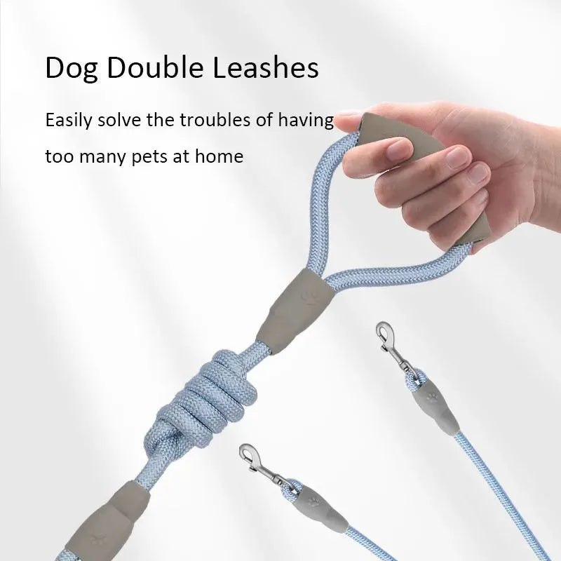 Double dog leash for two dogs with foam handle and metal buckles in blue colour