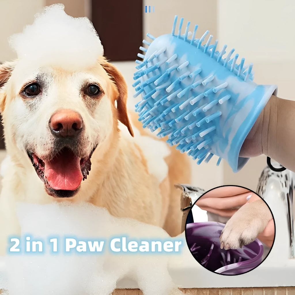 Blue 2-in-1 dog paw cleaner cup with silicone bristles and hook for portable use