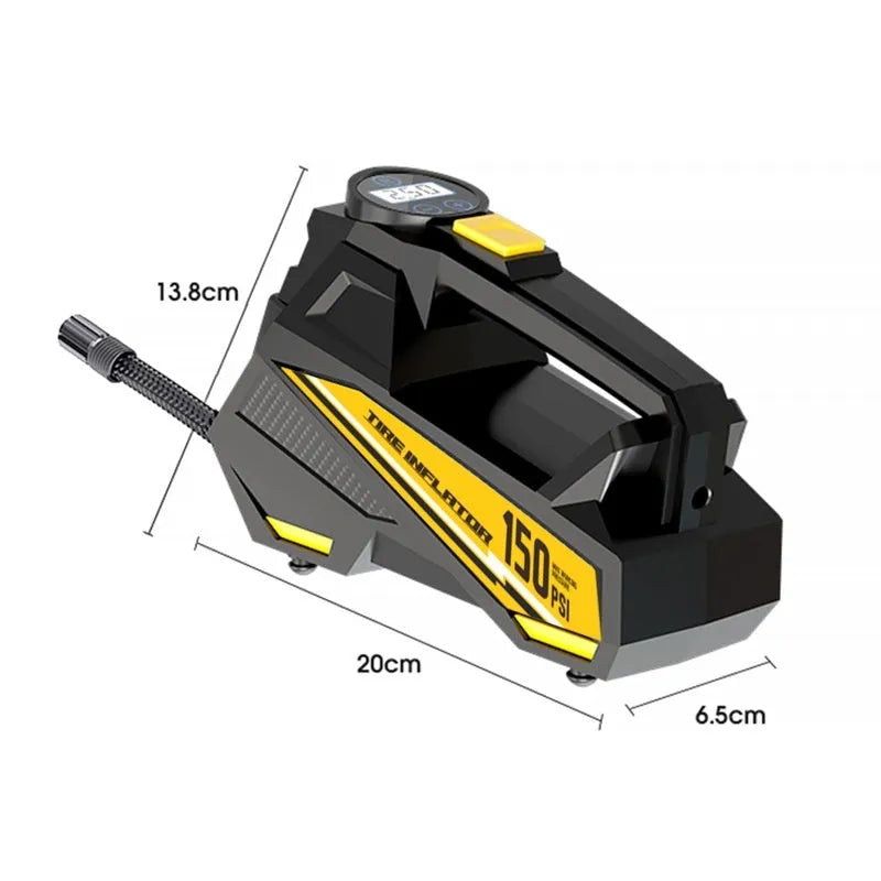 Black portable car tyre inflator with digital display and LED light, powered by 12V socket.