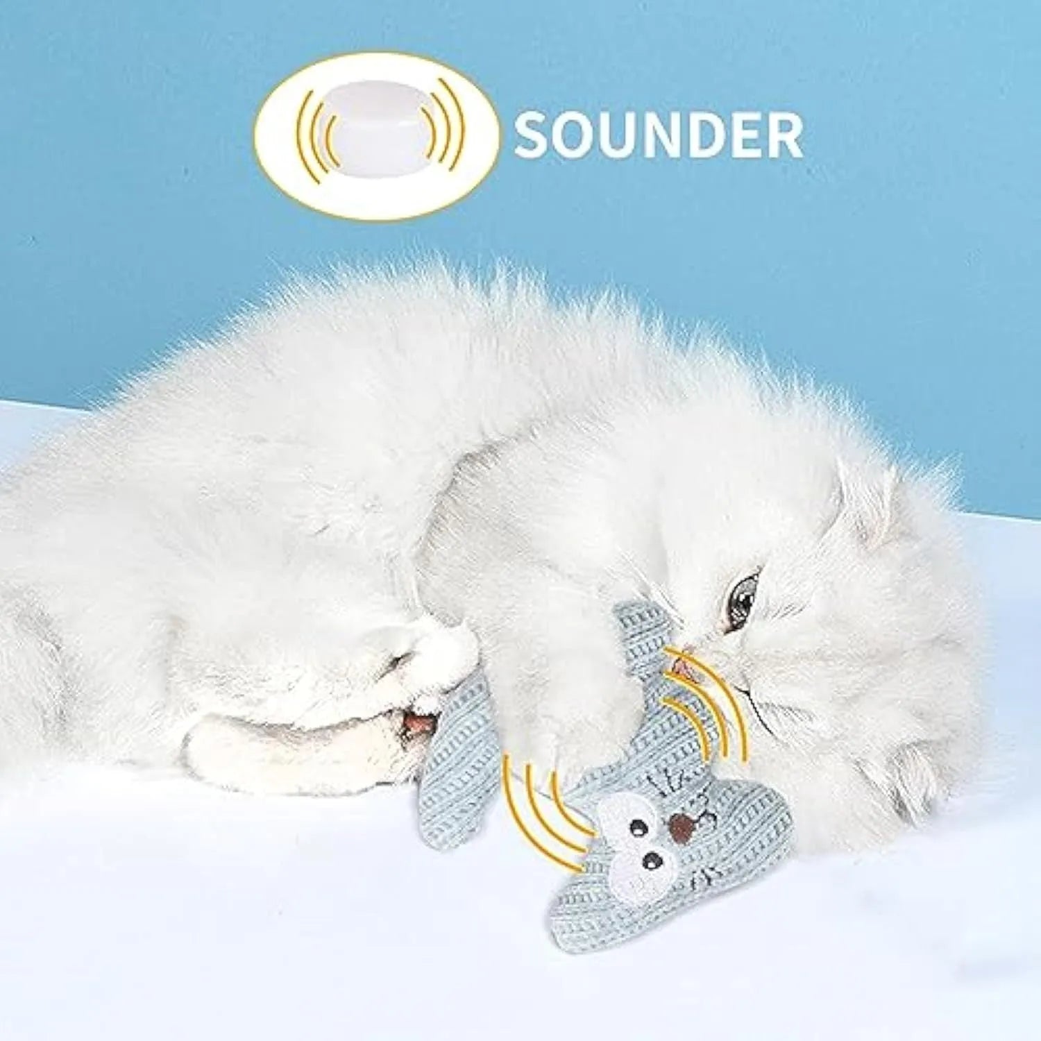 Cyan knitted plush cat toy with organic catnip and bell for chew-resistant play.