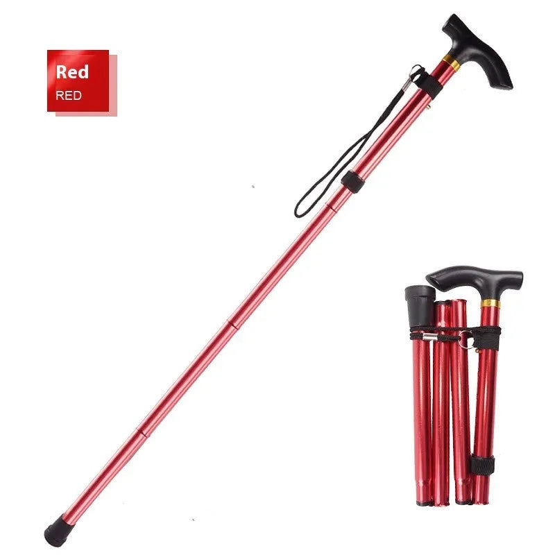 Adjustable aluminium folding walking cane in black with non-slip handle, shown extended and folded.