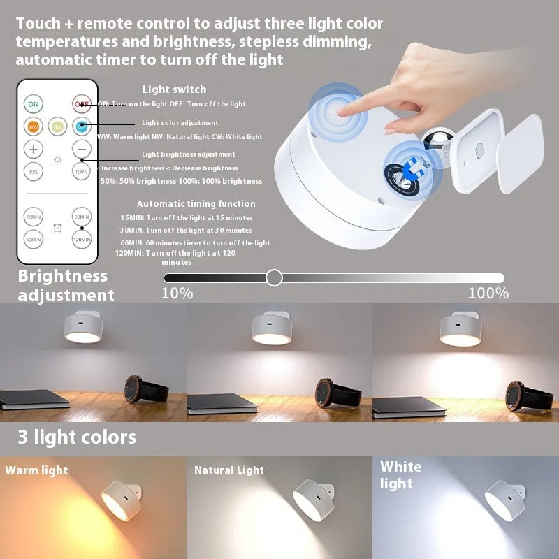 Round rotatable wall lamp with built-in battery, magnetic suction mount, and remote control in black shell, geometric stereo design