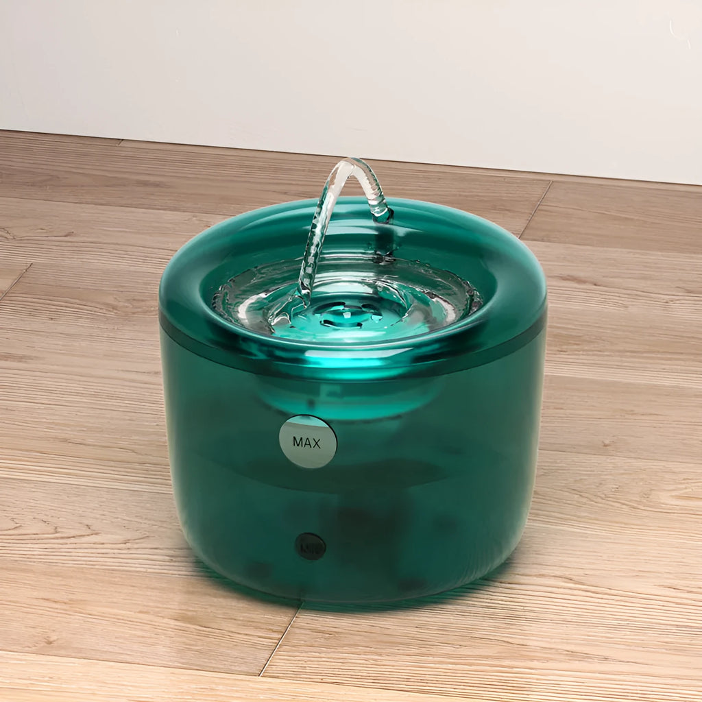 Grey and green pet automatic water fountain with circulating filter and USB power cable