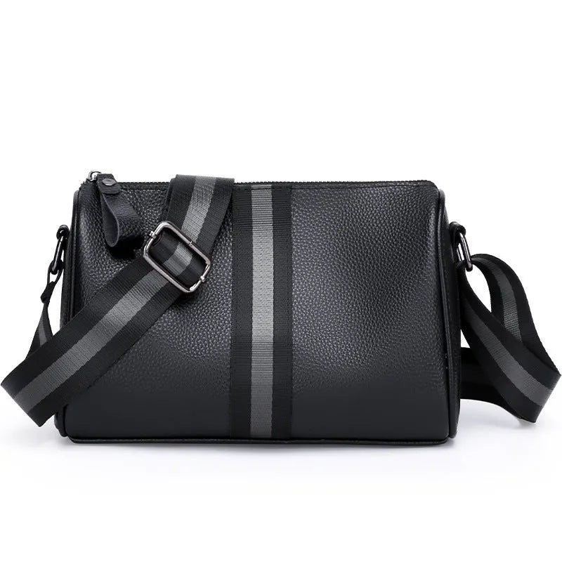 Black genuine leather one-shoulder crossbody bag with dimensions 24x16x13cm