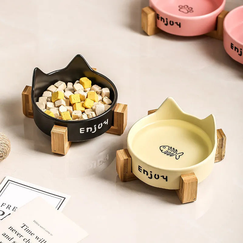 Porcelain cat food and water bowl set with wooden anti-tumble frame in various colours