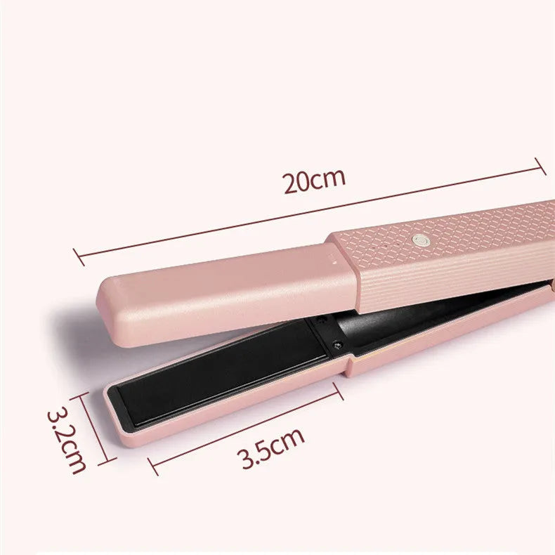 Pink and green cordless USB hair straightener and curling iron with ceramic plates.