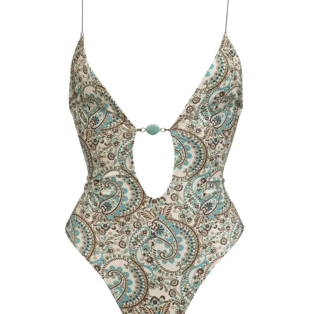 Sexy deep V one-piece swimsuit with floral print and lace up backless design in polyester