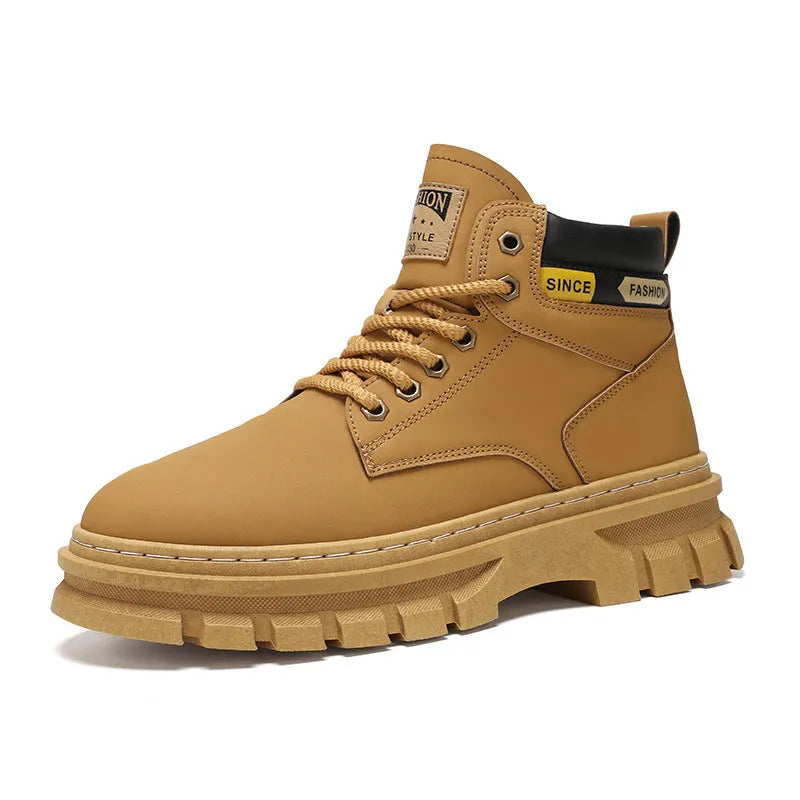 Men's brown mid-calf Martin boots with front laces and round toe on a rubber sole.