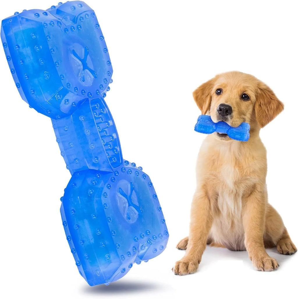 A durable bone-shaped and circle-shaped dog cooling chew toy on a blue background.