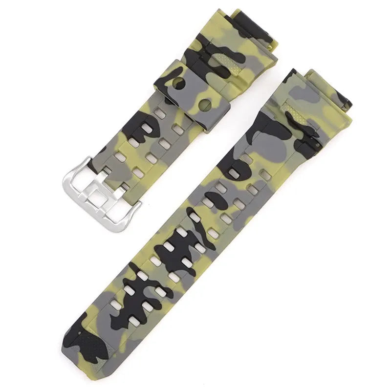 Camouflage pattern TPU rubber watch strap with silver buckle for G-Shock-style watches.