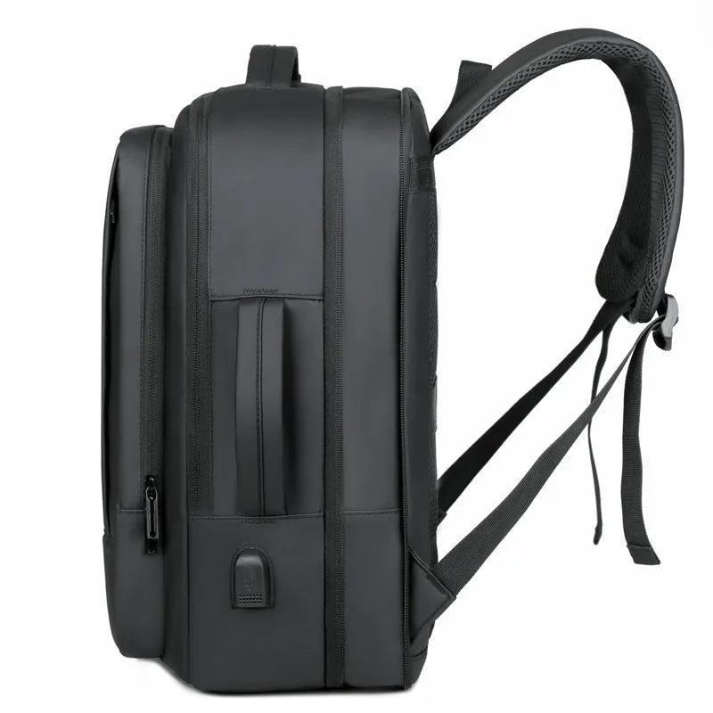 Black or grey waterproof Oxford cloth backpack with 20-35L capacity and curved shoulder straps for business travel