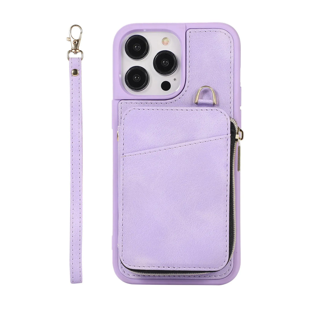 Creative leather wallet phone case with card holder and lanyard in brown for iPhone