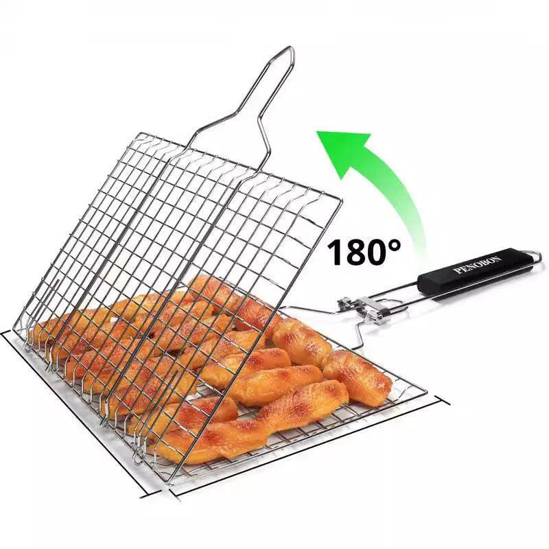 Square folding stainless steel wire barbecue mesh basket with a cleaning brush on a grill.