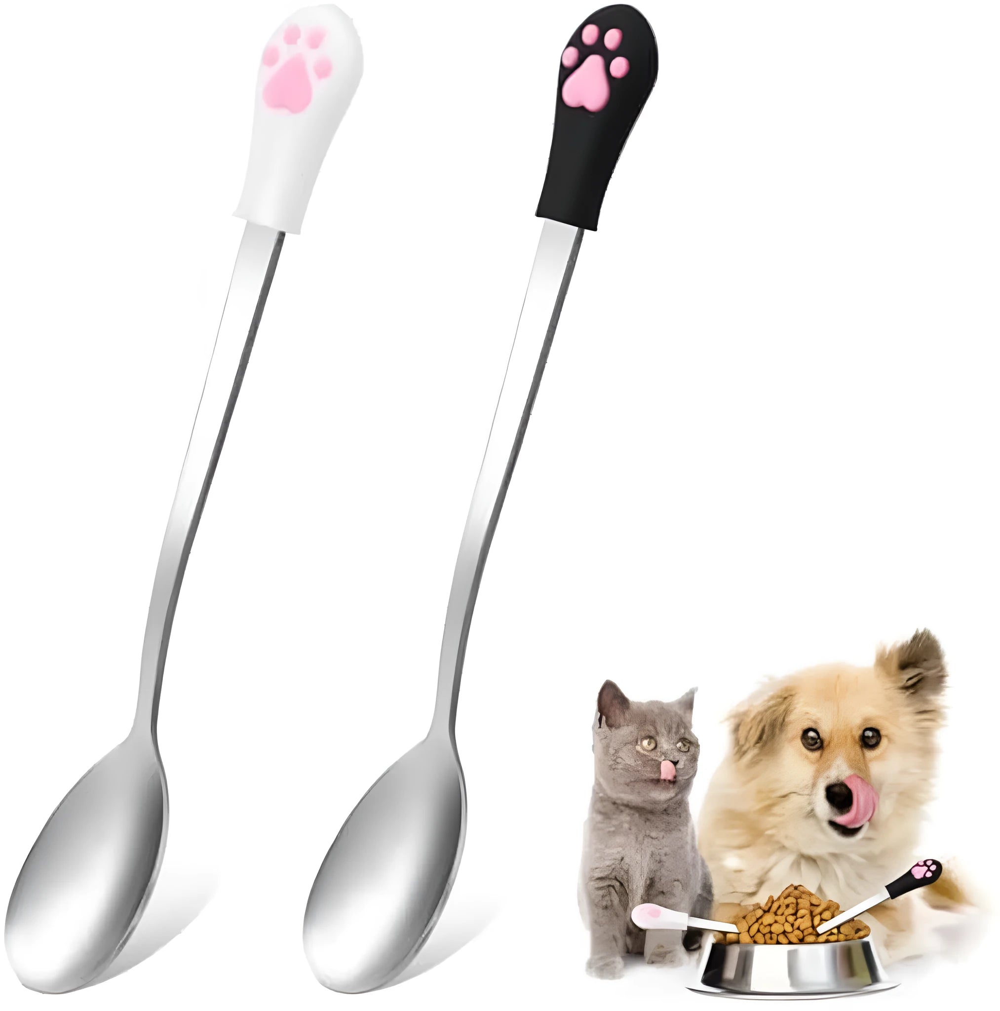 Two pet food spoons with cat paw design in white and black colours