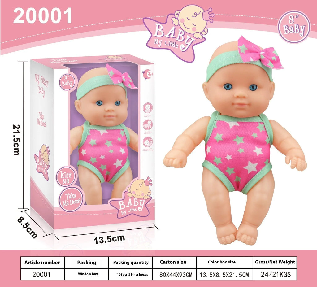 A 21.5cm tall vinyl simulation baby doll figurine in a colour box.