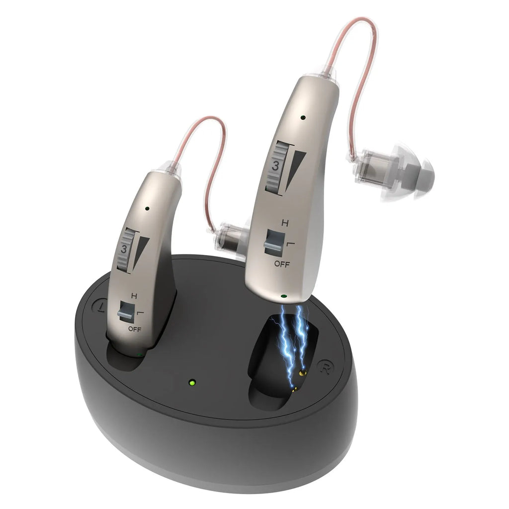 Behind-the-ear aid headset with simple charging bin, PVC housing in skin colour, silver finish