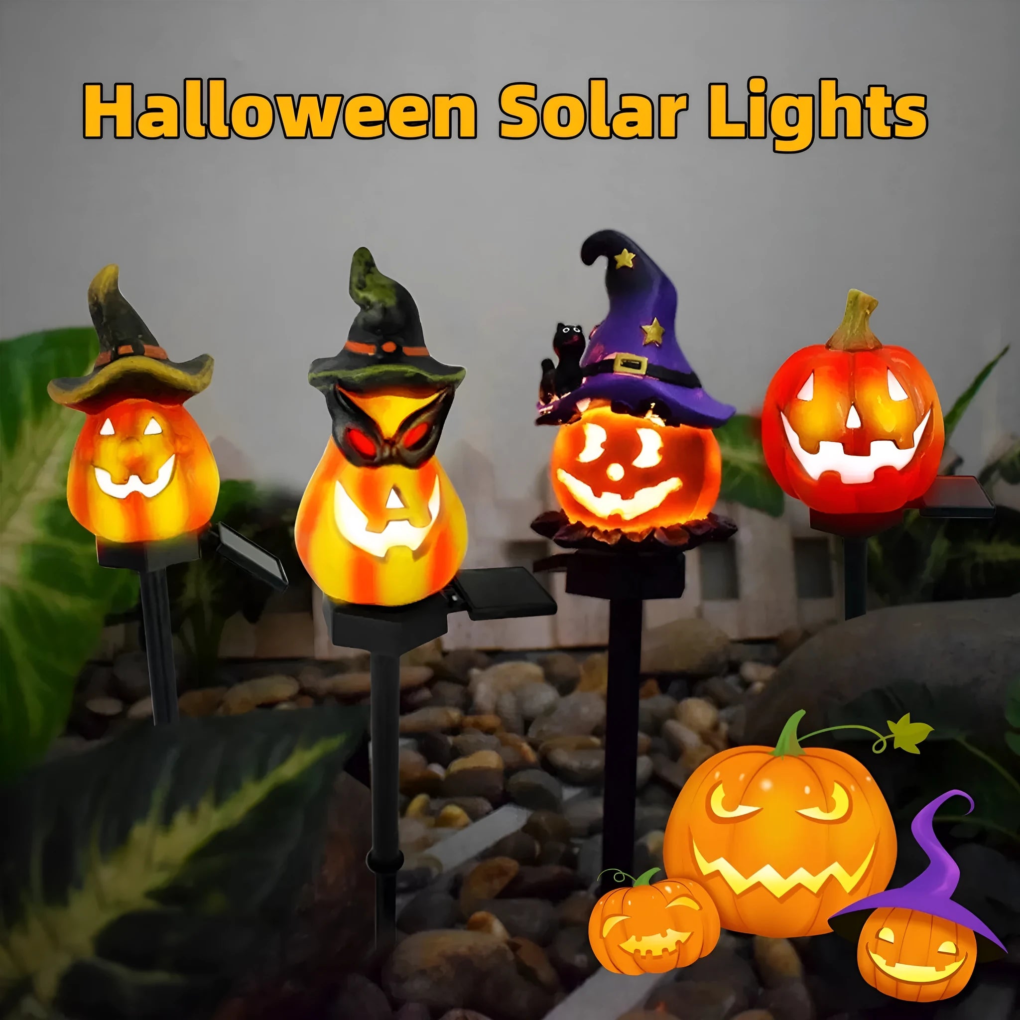 Solar Halloween pumpkin lantern with wizard pumpkin style on a garden path, wrought iron frame