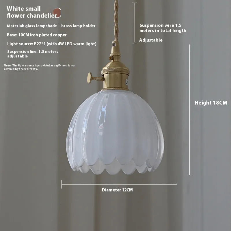 Vintage nordic style bedroom chandelier with glass flower shades in amber, green, grey, white, or transparent.