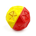 Blue or red hollow plastic dog puzzle toy for treat dispensing.