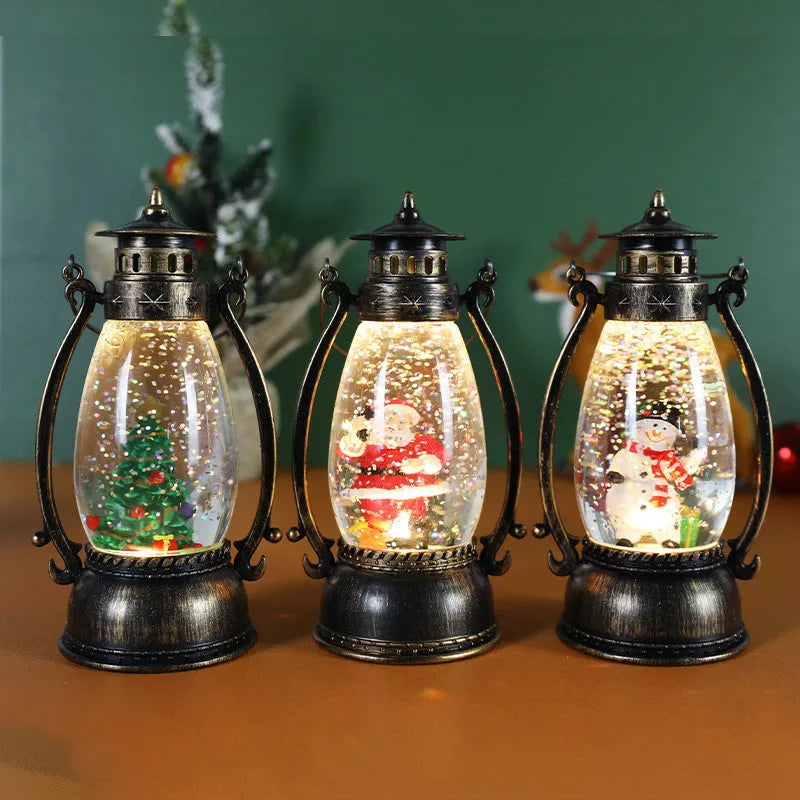 Crystal ball oil lamp Christmas ornament with light-emitting snowman scene on desktop