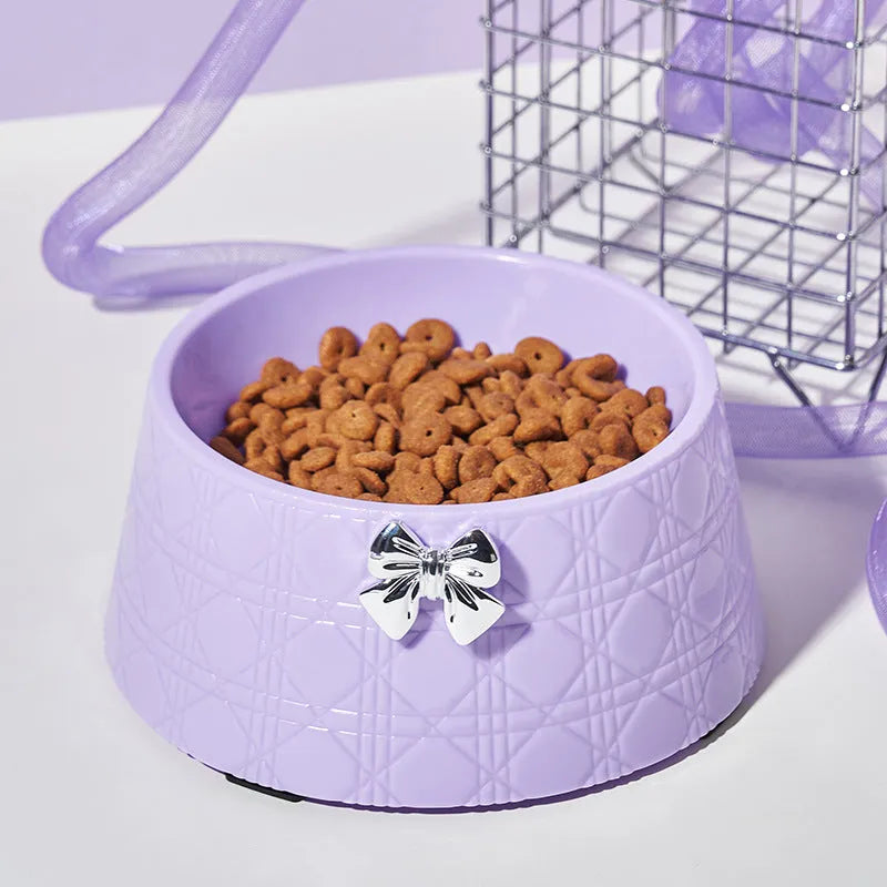 Diamond pattern pet bowl with bowknot design in pink and silver colours