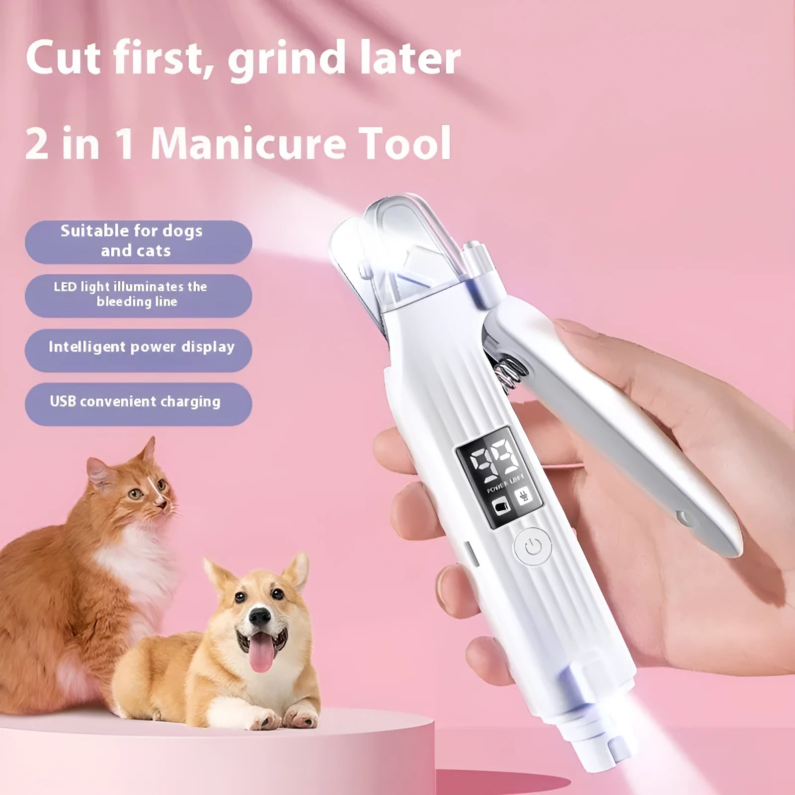 White battery-powered dog nail clippers with rechargeable battery and ABS plastic construction