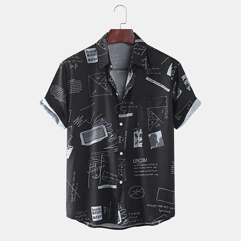 Men's cotton summer shirt with abstract cartoon slogan print, chest pocket, button-down design, in black and white