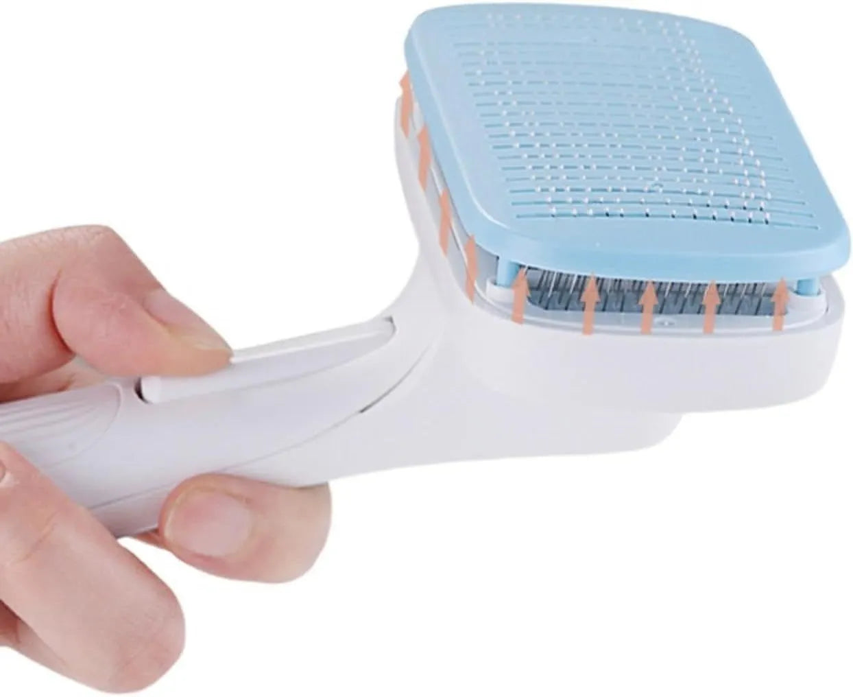 Automatic pet grooming comb with four interchangeable heads in blue, grey, green, or pink colours.