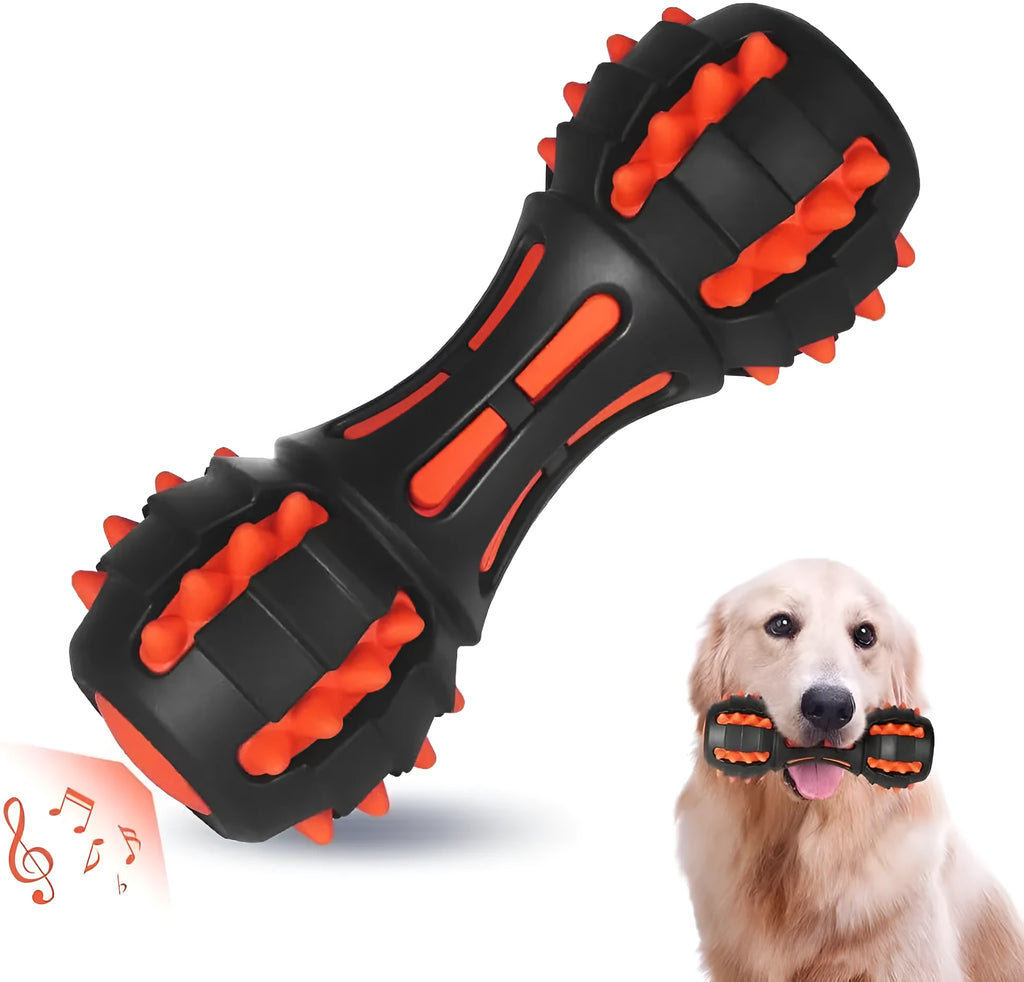 Red dumbbell-shaped rubber dog chew toy for medium large breeds with squeaker