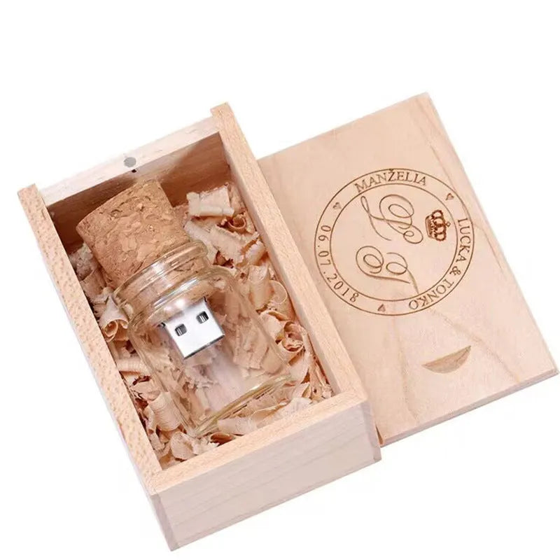 Transparent wooden wish bottle design USB flash drive on a white background.