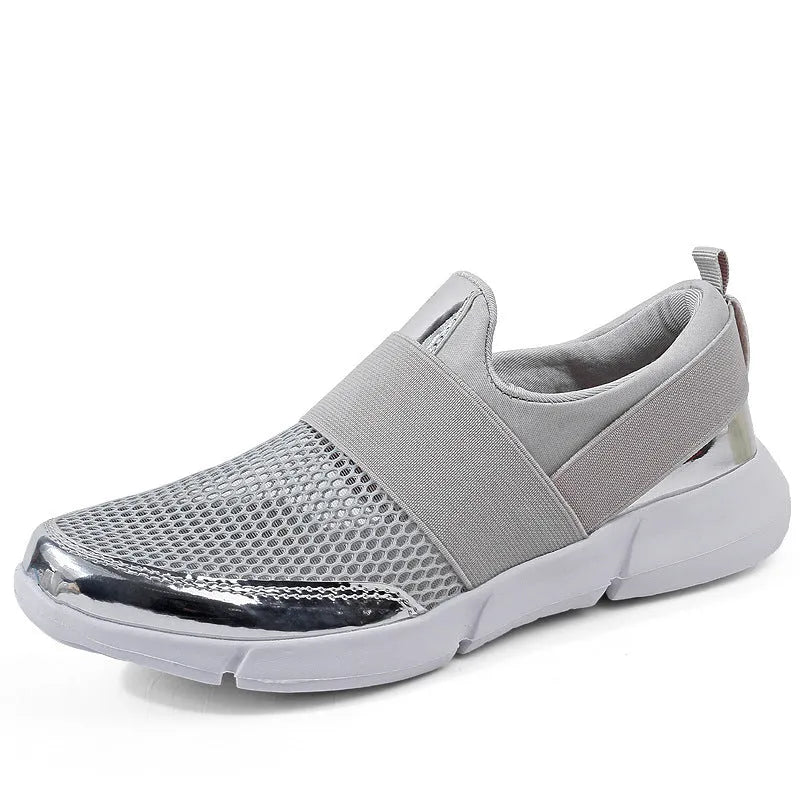 Women's low-top blue mesh sneakers on a white background.