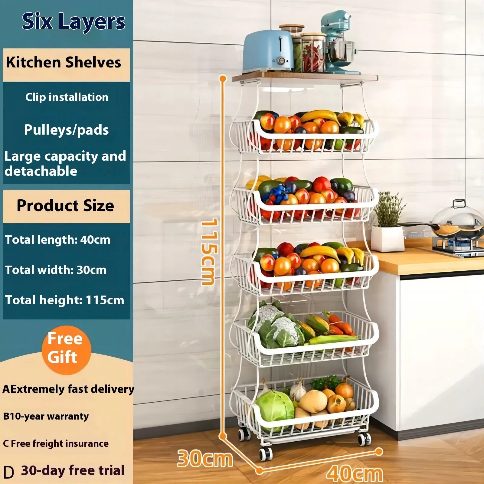 Black six-layer kitchen storage trolley with metal frame and shelves