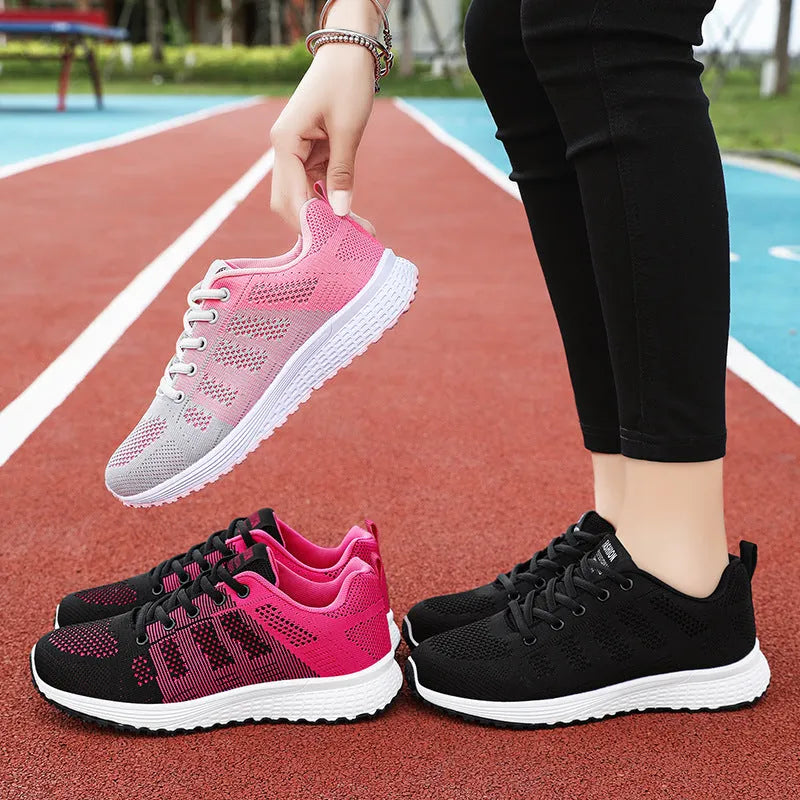 Women's Flyknit running shoes in three colour options with soft bottom and round toe design
