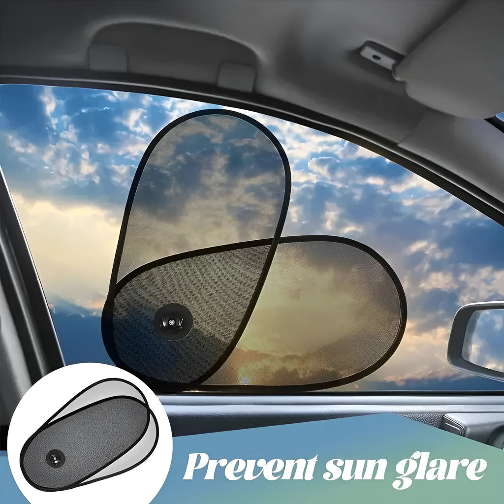 Black stretchy car side window shade with suction cups installed on a car window.