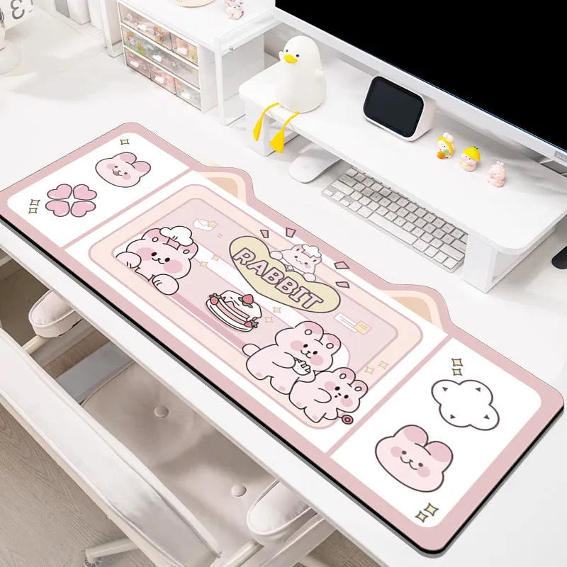 Large solid colour desk pad with natural rubber base shown on a wooden desk, with size options from 20x26cm to 50x100cm.