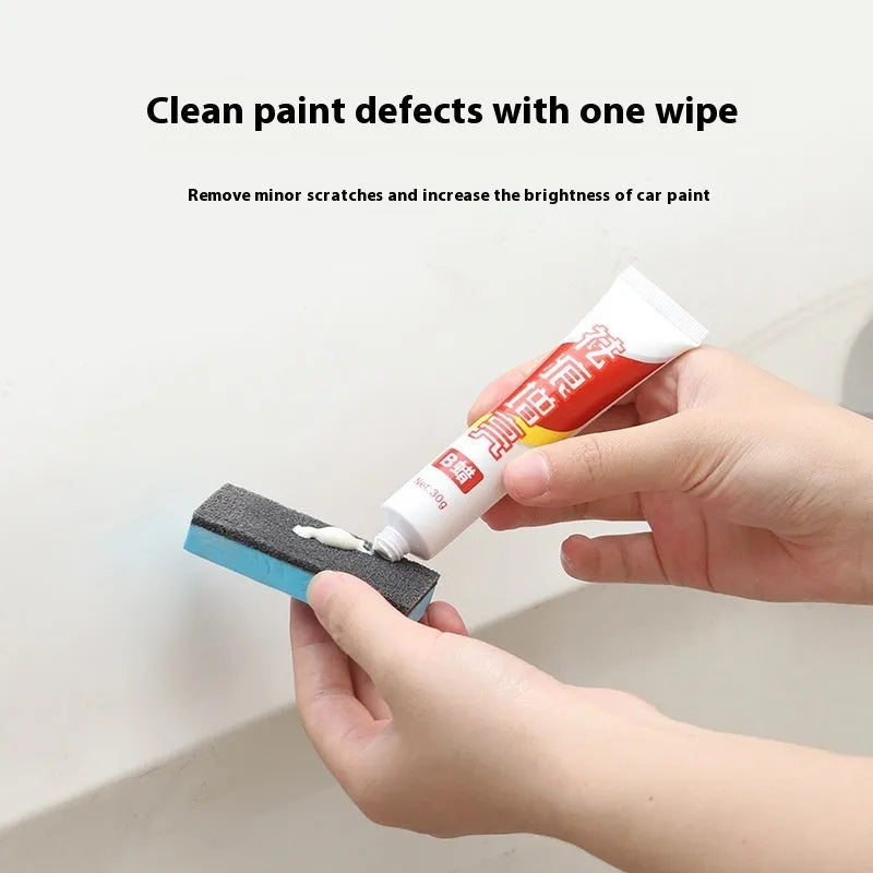 Car repair wax kit showing bottles of scratch removal wax A, polishing wax B, and a frosted sponge mop.