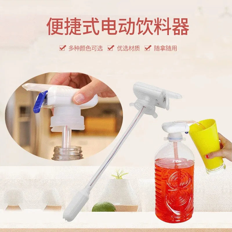 Manual beverage pumping device with long straw and blue press handle on a colour box.