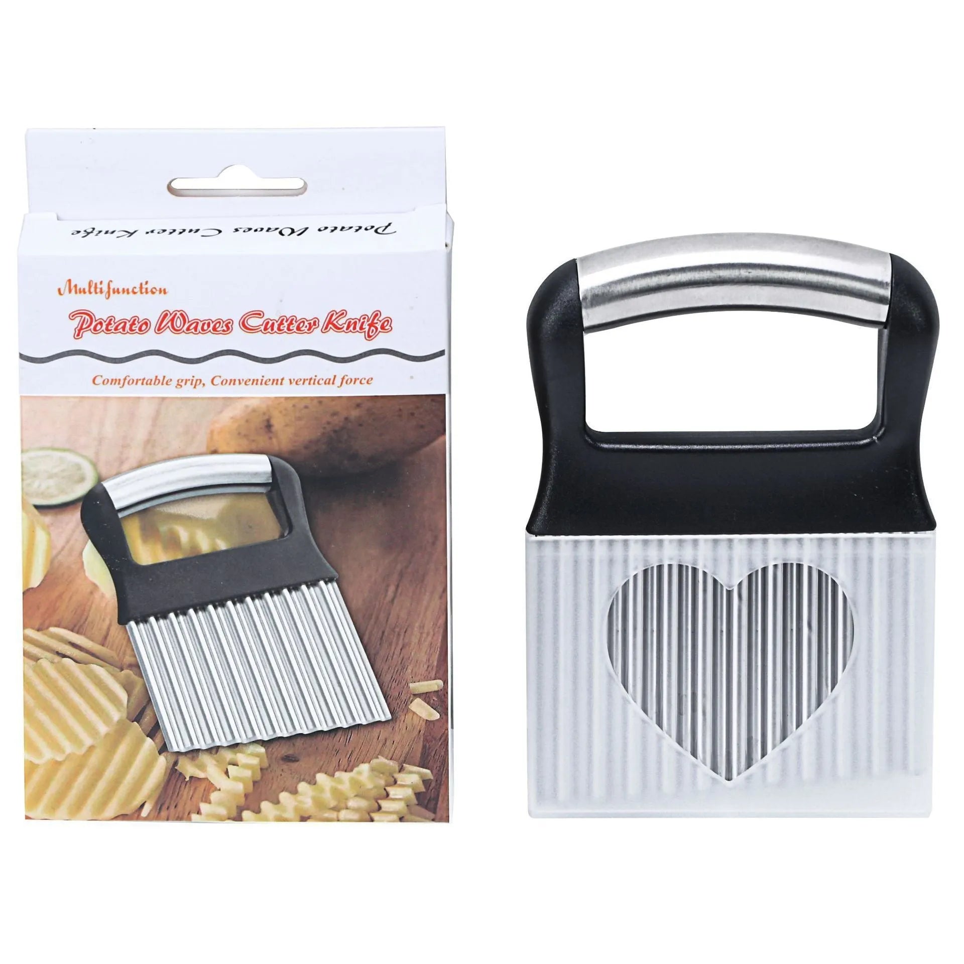 Stainless steel potato wave knife on a kitchen surface.
