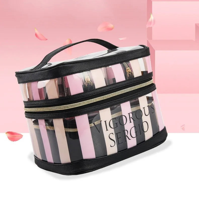 Pink bold stripes floral pattern waterproof synthetic leather makeup bag with retro design