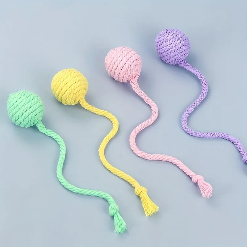 Cat toy ball with attached rope in green, pink, purple or yellow colours showing 3cm and 6cm size options