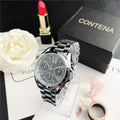 Women's silver and rose gold quartz watch with mesh strap and pointer display.