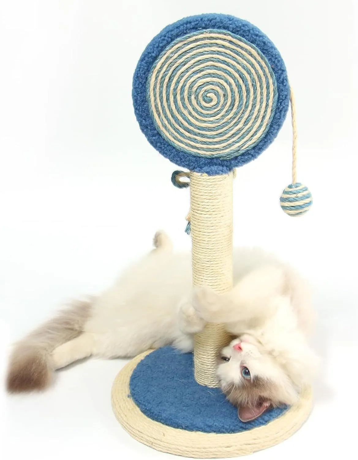 Blue cat scratching post with natural sisal rope and a hanging ball on a stable wooden base.