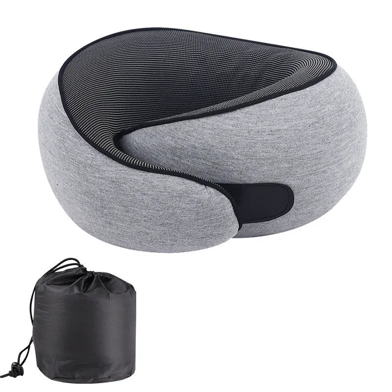 U-shaped memory foam travel neck pillow in light grey with a storage bag, shown at 27x26x13cm size.