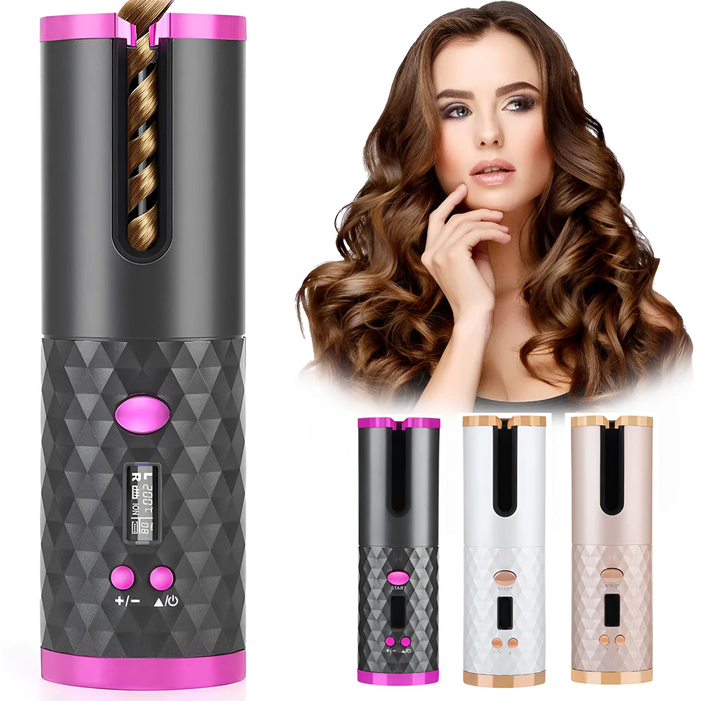 Rechargeable automatic hair curler in black with LCD display and rotating ceramic barrel