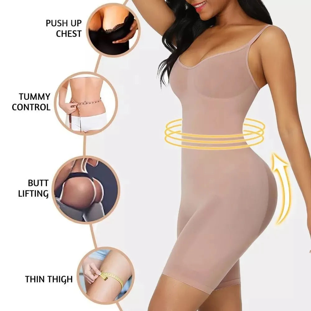 Seamless nylon body-shaping corset jumpsuit in black with belly contracting and chest support
