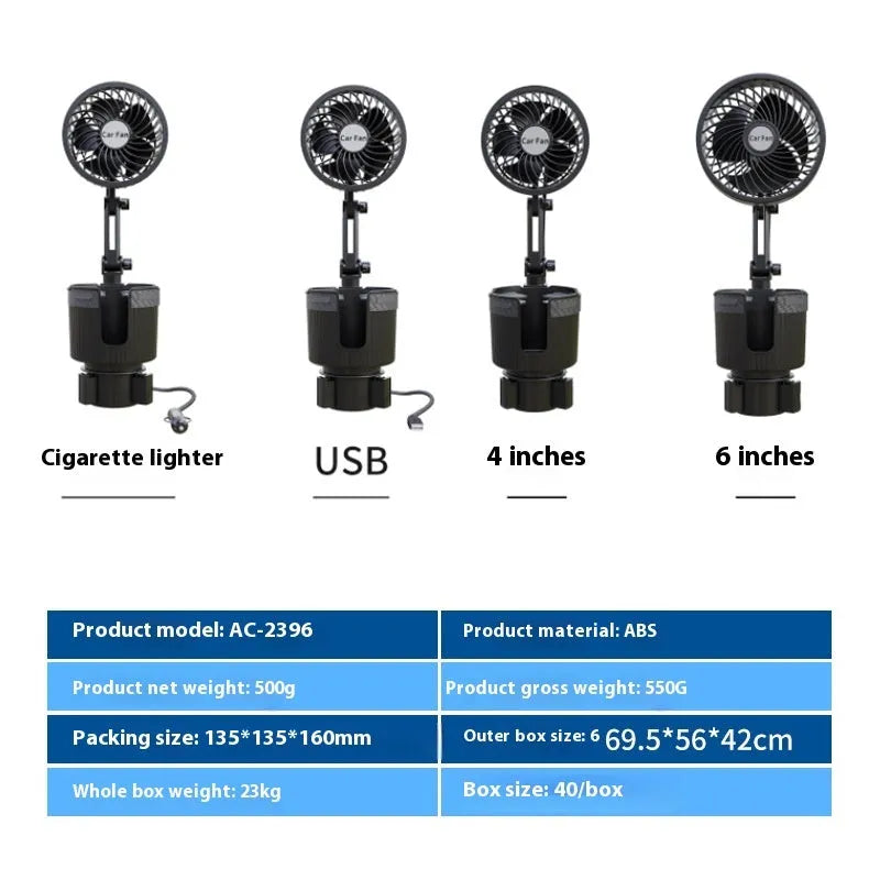 Car cup holder cooling fan in vehicle with cigarette lighter or USB power connection options