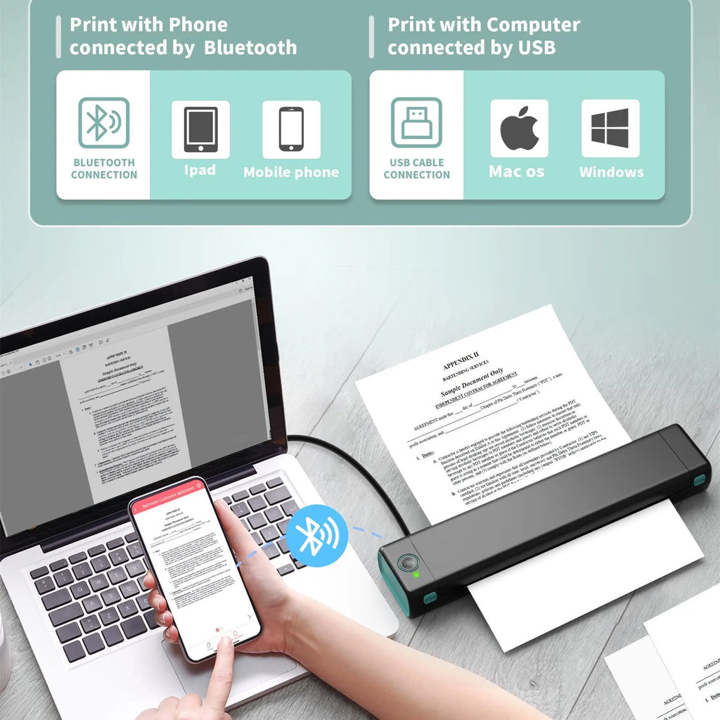 Phomemo M08F portable A4 thermal printer in various colours with charging cable