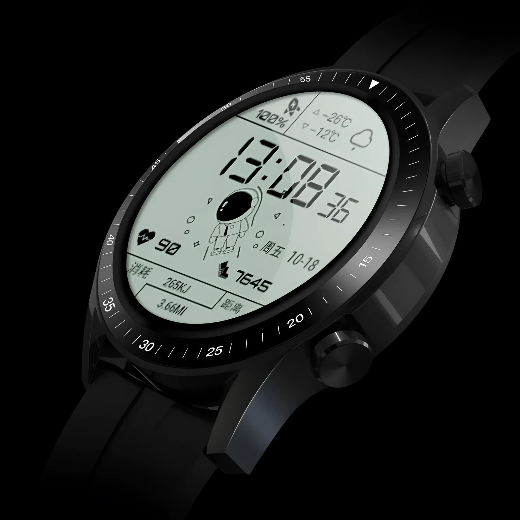 Round smartwatch with aluminium case on wrist, showing TFT touch screen displaying time and heart rate.