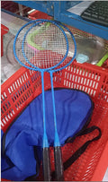 A pair of blue and red lightweight alloy badminton rackets with a split-frame design.